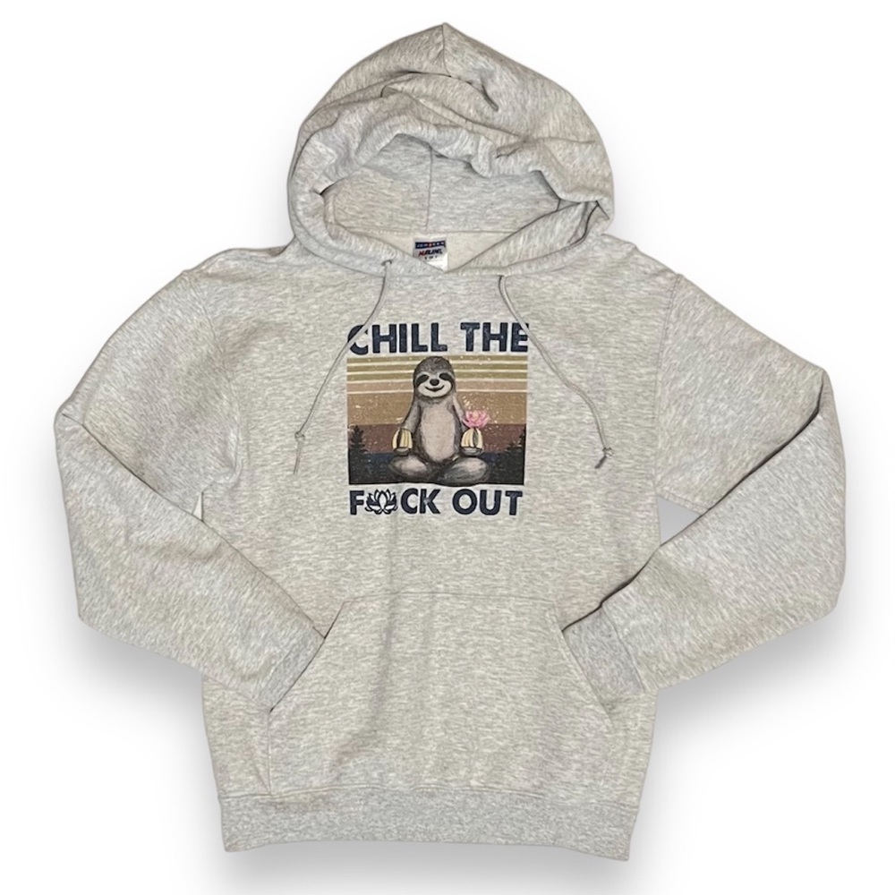 Chill The F*CK Out Hoodie Sweatshirt Heather Gray Small Namaste Yoga Sloth Lotus